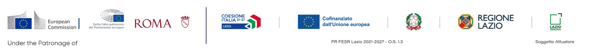 Demo Day 2026 partners: under the patronage of the European Commission, the European Parliament and Roma Capitale; co-funded by the European Union, Coesione Italia 21-27, Repubblica Italiana and Regione Lazio (PR FESR Lazio 2021-2027), with Lazio Innova as implementing body